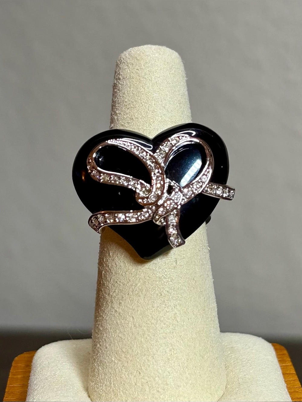Camille Lucie Black Heart Ring with Crystal Bow Accent